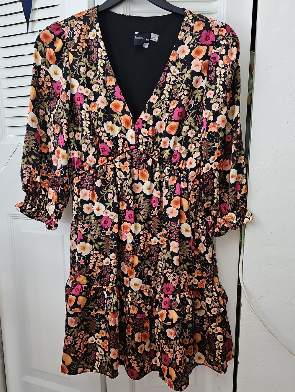 Maison Tara Black Floral V-Neck Tiered Dress